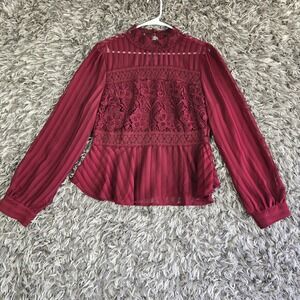 Haute Monde Burgundy Crochet Lace Mock Neck Peplum Blouse XL NWT Wine Red Mesh